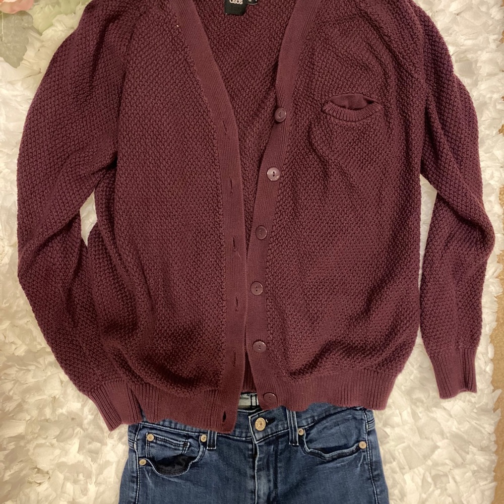 Super warm burgundy cardigan sweater.